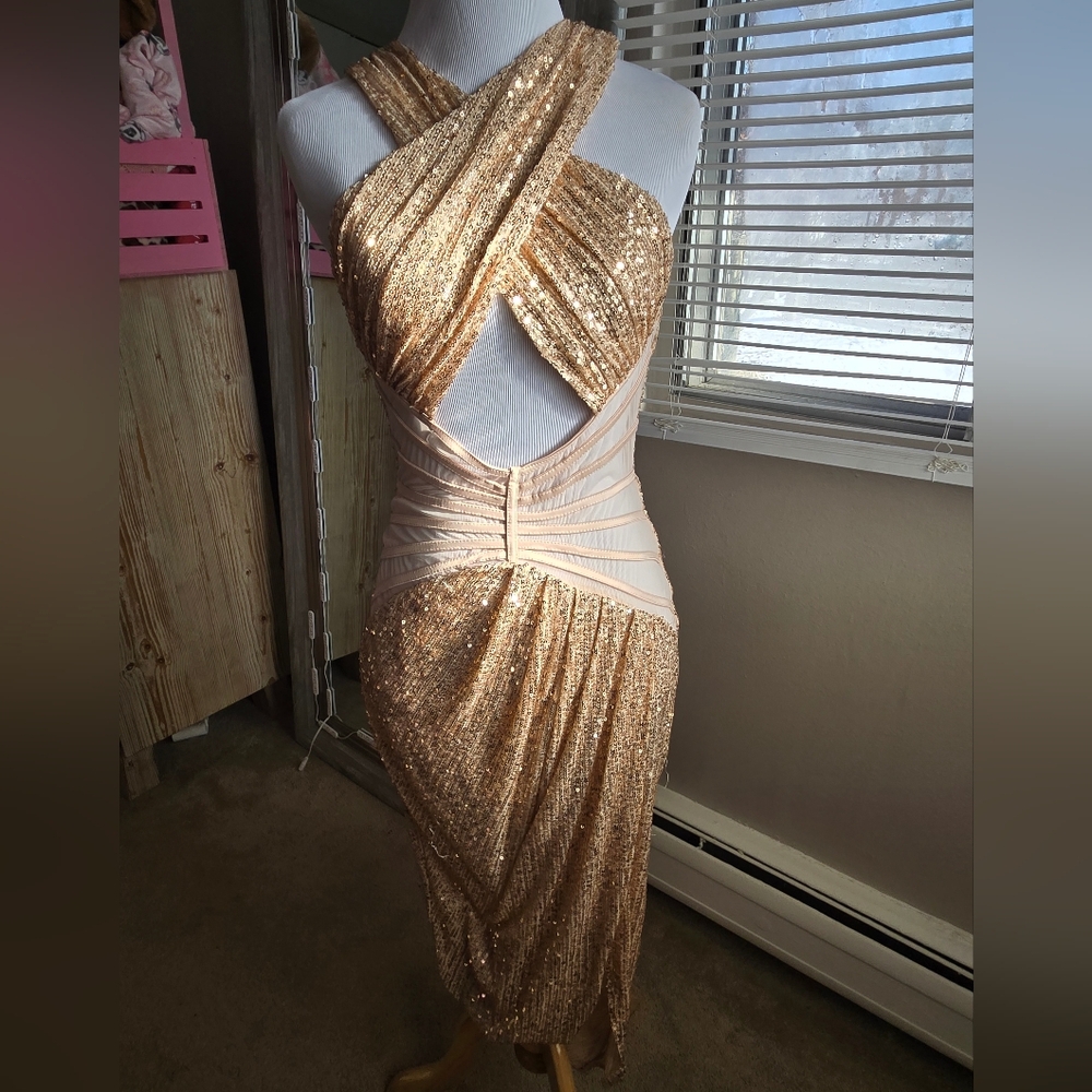 Fashion Nova Asymmetrical Sequin Dress in Cream